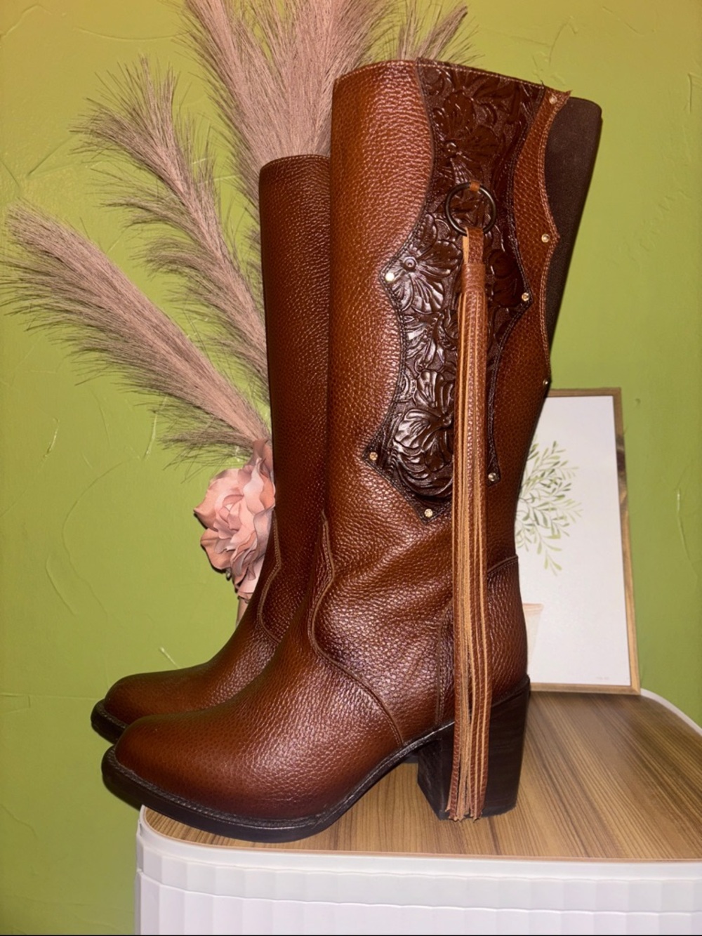 Brown Tooled Leather Tassel Riding Boots “vaquero signature”